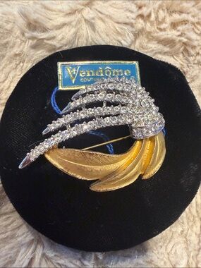 Vendome Gold and Clear Crystal Leaf Brooch